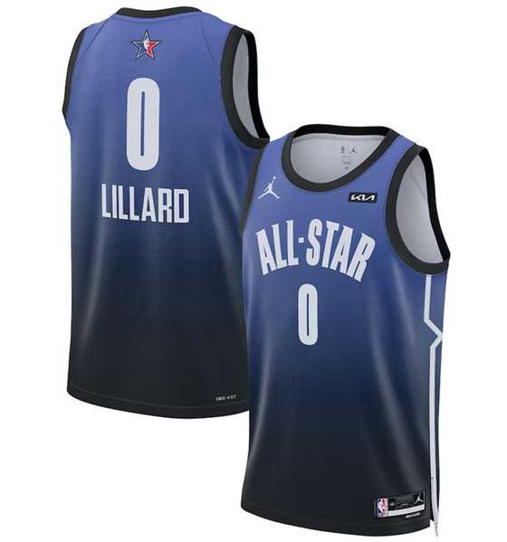 Men%27s 2023 All-Star #0 Damian Lillard Blue Game Swingman Stitched Basketball Jersey Dzhi